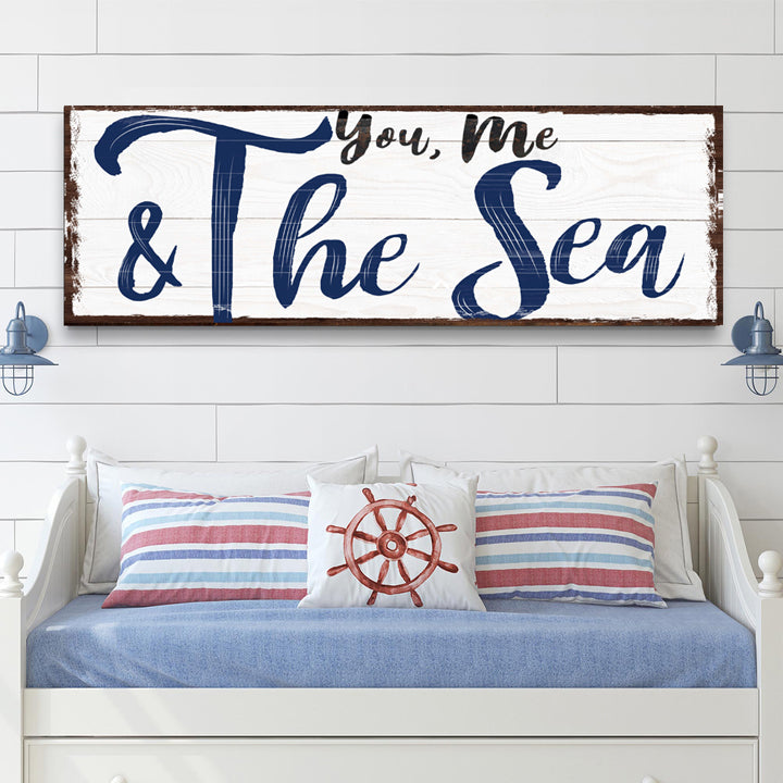 Canvas wall art You, Me And The Sea Beach Sign II in navy blue on distressed white wood on Tampa Home & Garden Store