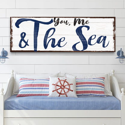 Canvas wall art You, Me And The Sea Beach Sign II in navy blue on distressed white wood on Tampa Home & Garden Store