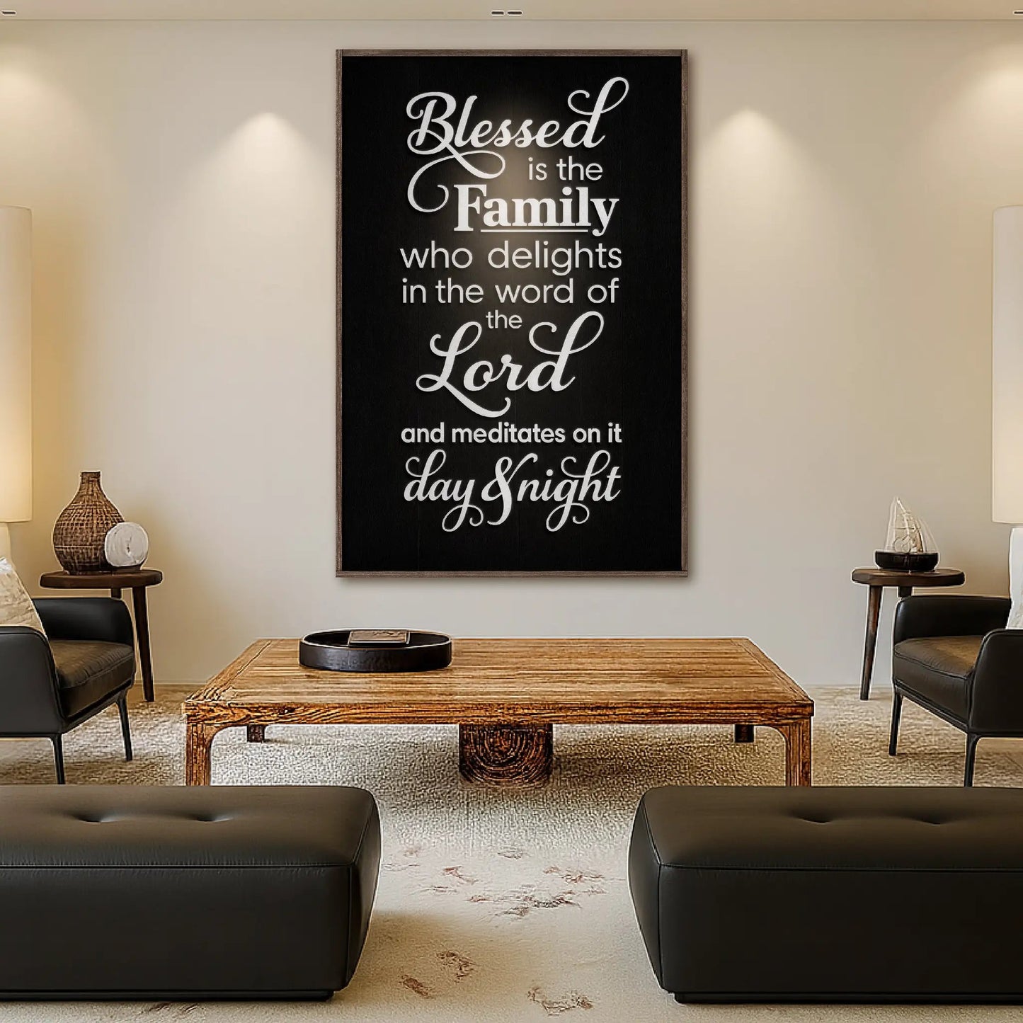 Blessed Is The Family Faith Sign II canvas by Tailored Canvases with white typography on black on Tampa Home & Garden Store