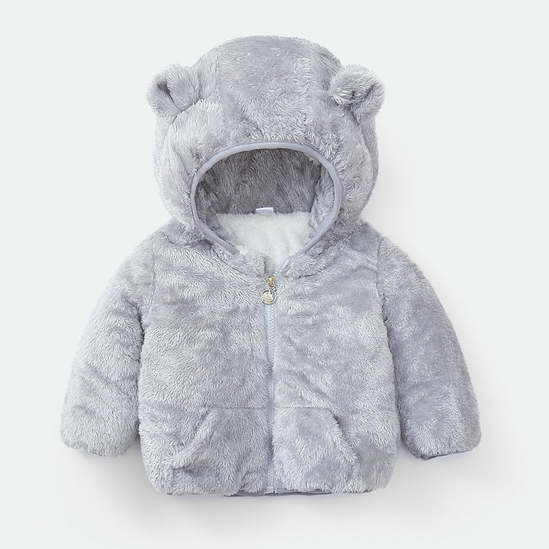 Plush fleece baby coat with bear ears by Stevvex, gray zip hoodie jacket on Tampa Home & Garden Store