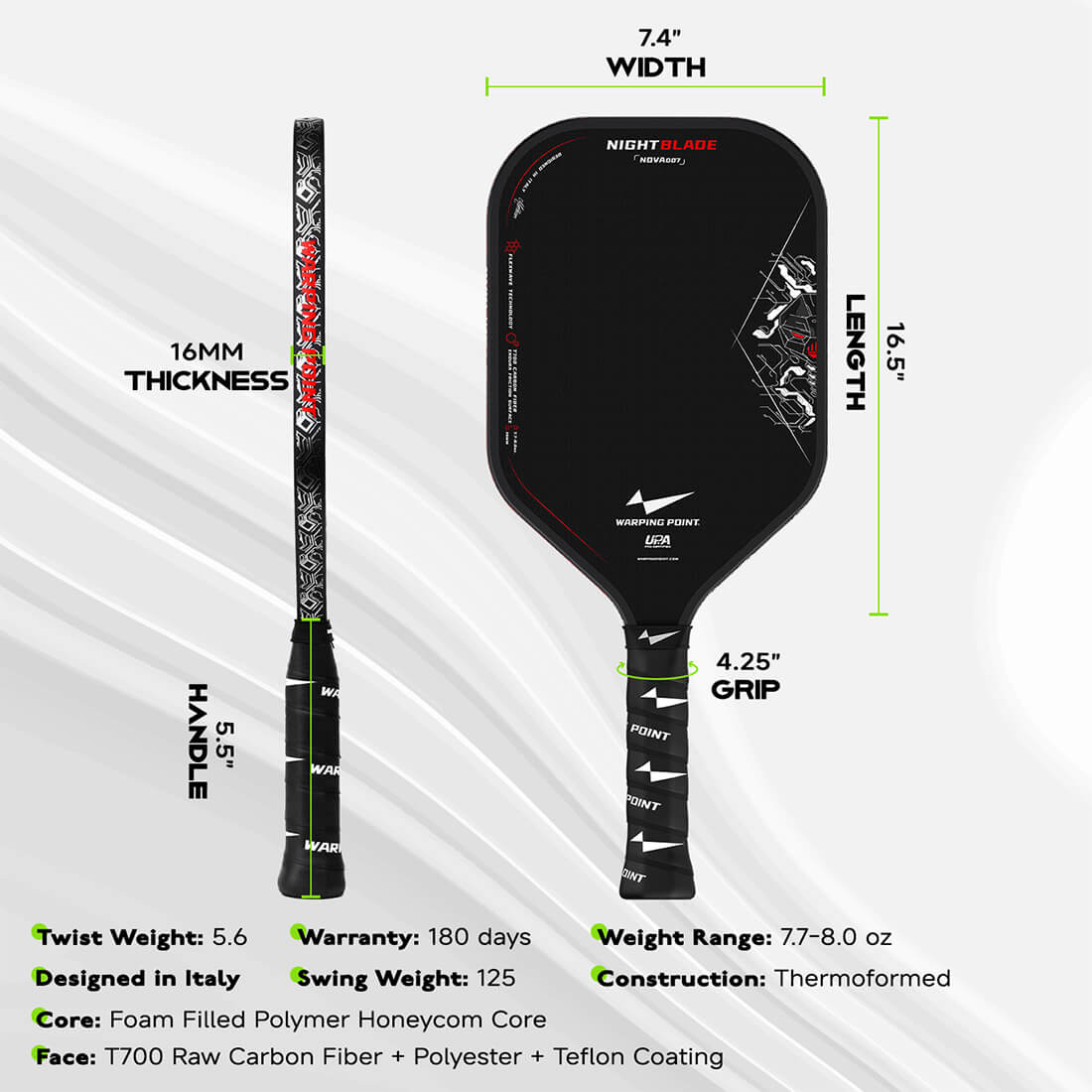 Nightblade pickleball paddle by Warping Point, black 16mm thick with 4.25in grip on Tampa Home & Garden Store