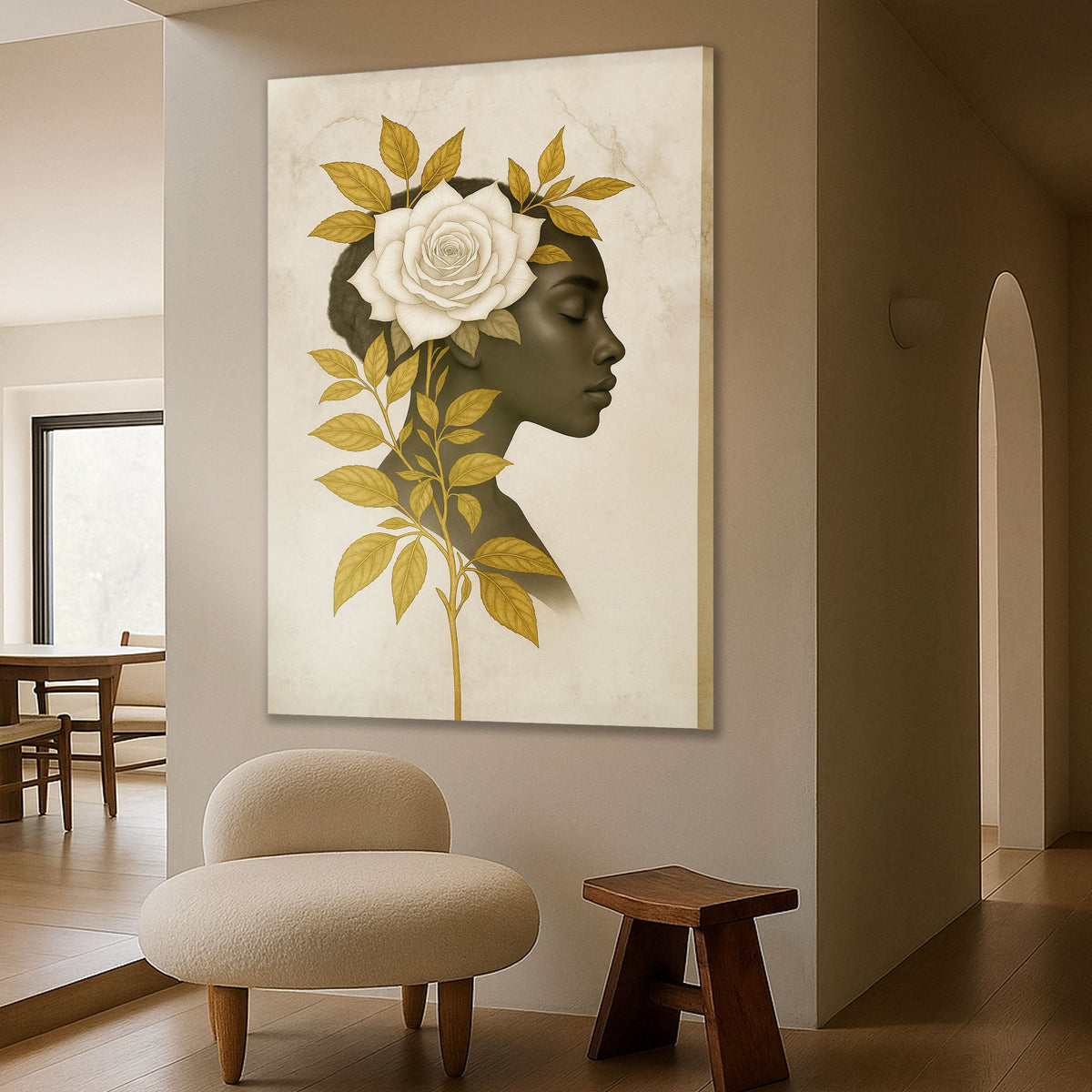 Floral Majesty Wall Art II canvas featuring gray silhouette with a white rose and golden leaves on Tampa Home & Garden Store