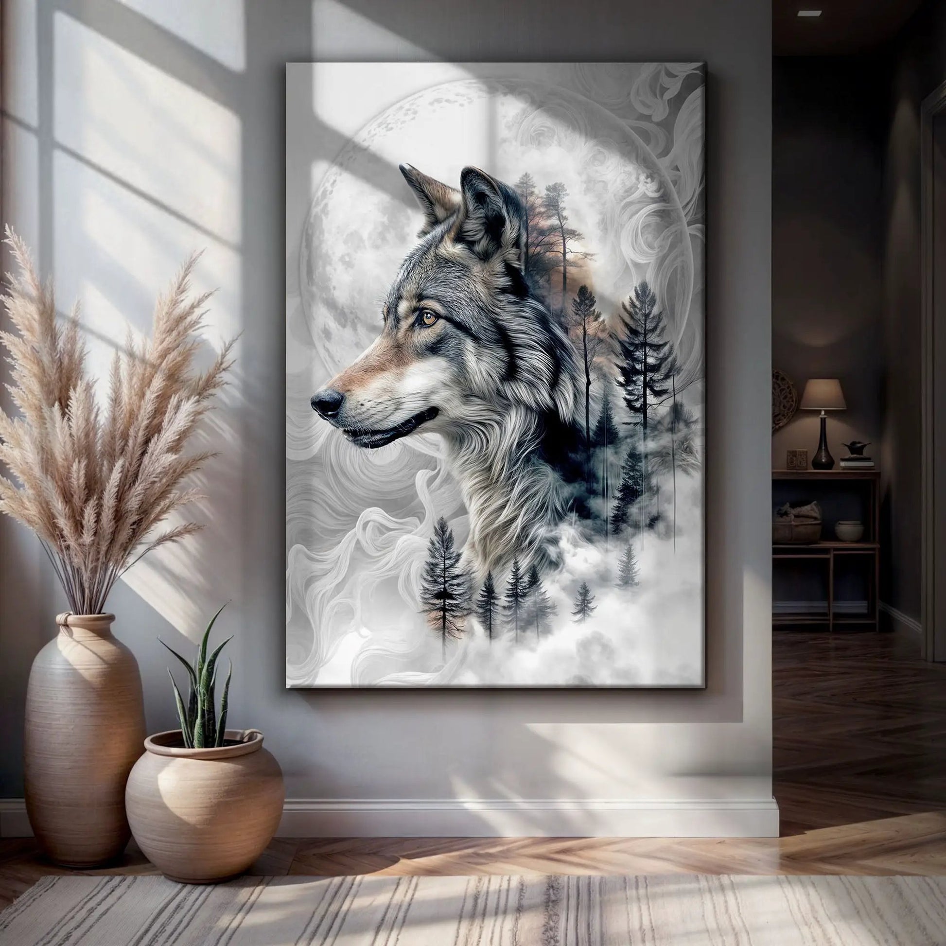 Wolf Double Exposure Wall Art canvas by Tailored Canvases with wolf head and forest silhouettes on Tampa Home & Garden Store