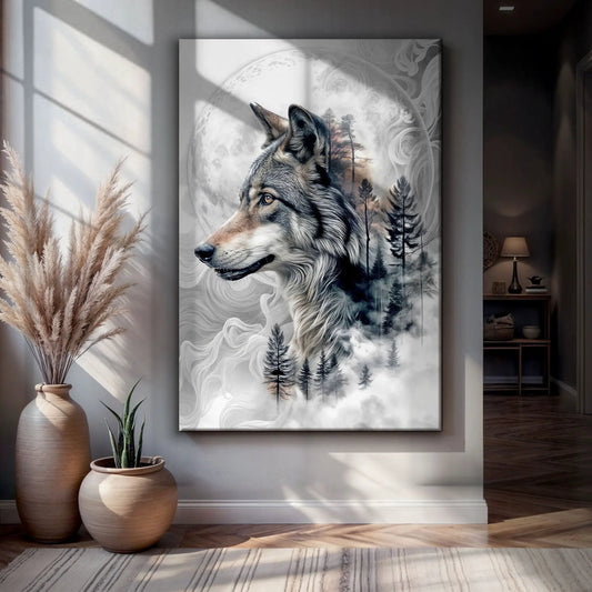 Wolf Double Exposure Wall Art canvas by Tailored Canvases with wolf head and forest silhouettes on Tampa Home & Garden Store