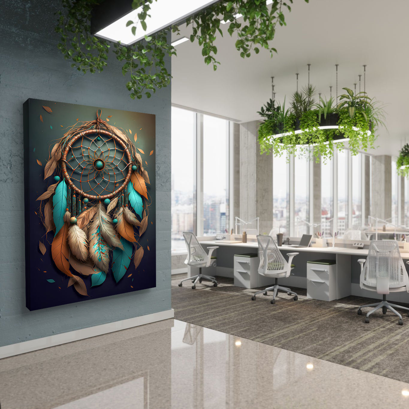 3D Whispering Feathers Wall Art IV canvas by Tailored Canvases with teal and copper feathers on Tampa Home & Garden Store