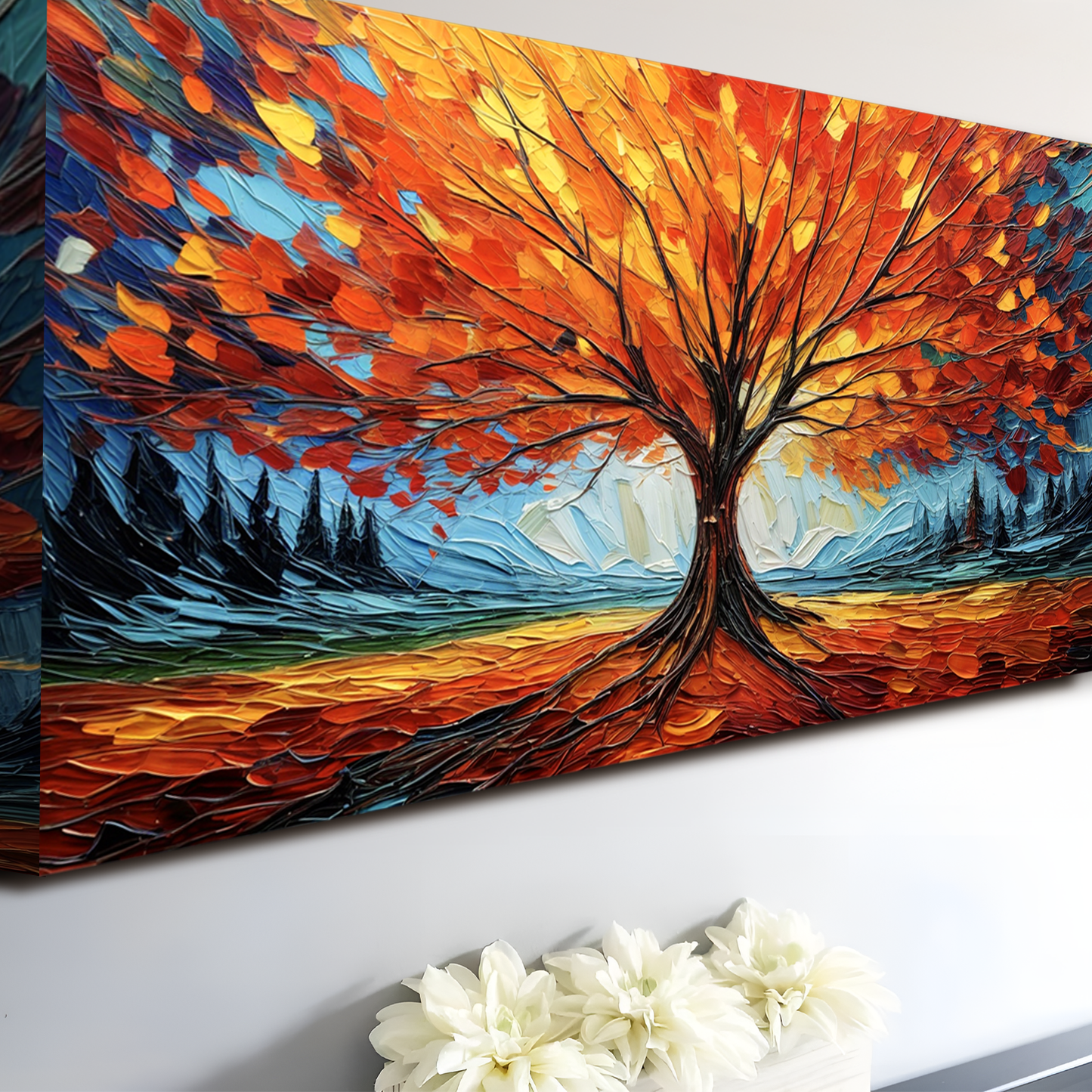 Autumn Fire Wall Art canvas by Tailored Canvases, fiery orange leaves on blue sky on Tampa Home & Garden Store