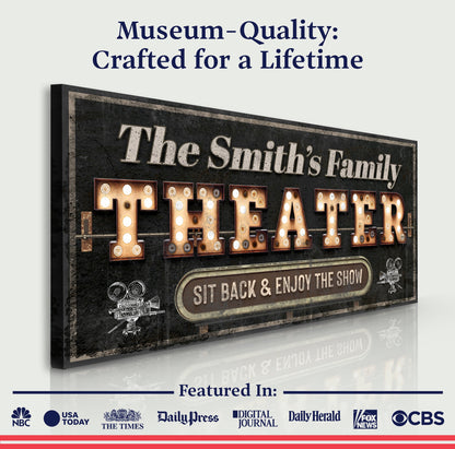 Theater Sign VIII canvas by Tailored Canvases, marquee print with warm bulb letters on panel on Tampa Home & Garden Store
