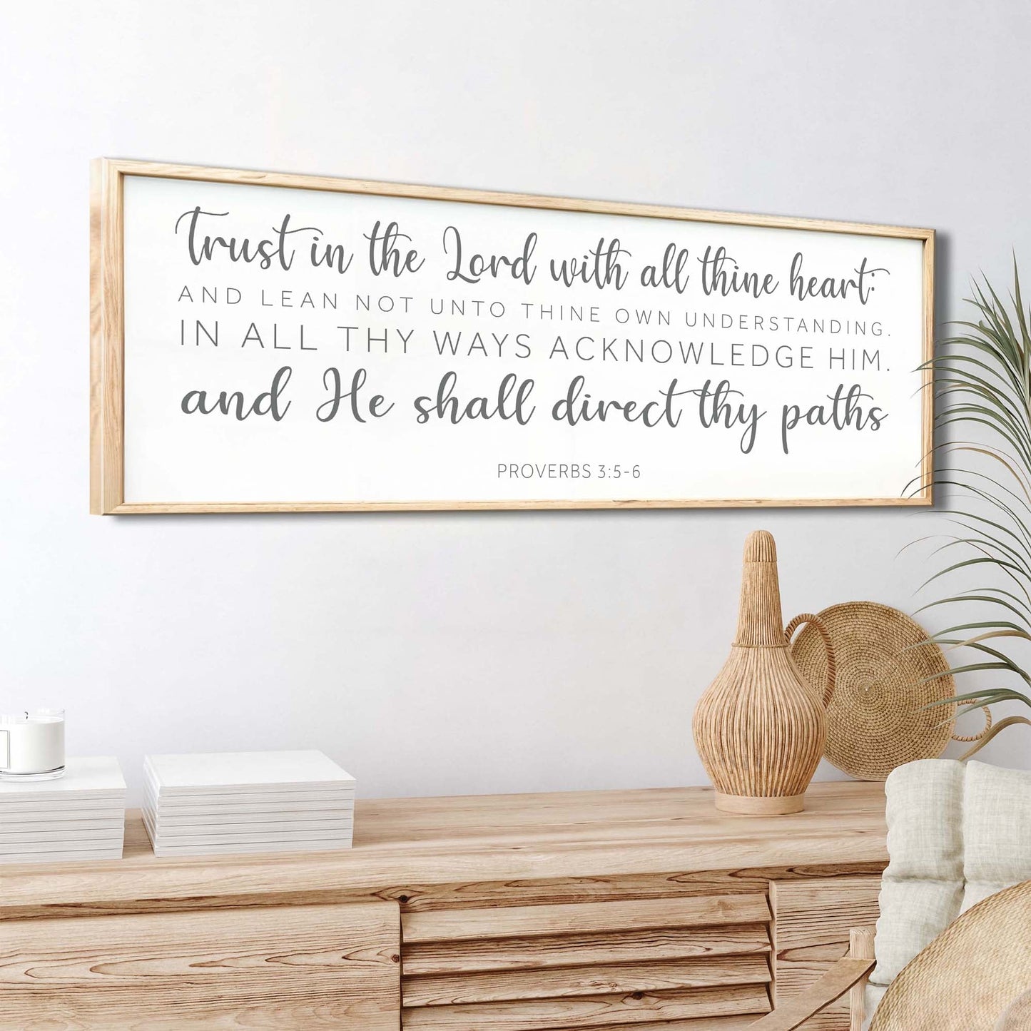 Proverbs 3:5-6 Faith Wall Sign canvas in a light wood frame with Tailored Canvases on Tampa Home & Garden Store