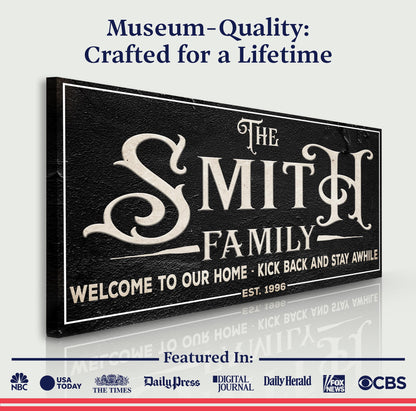 Family Sign XXV canvas by Tailored Canvases on black textured surface with cream typography on Tampa Home & Garden Store
