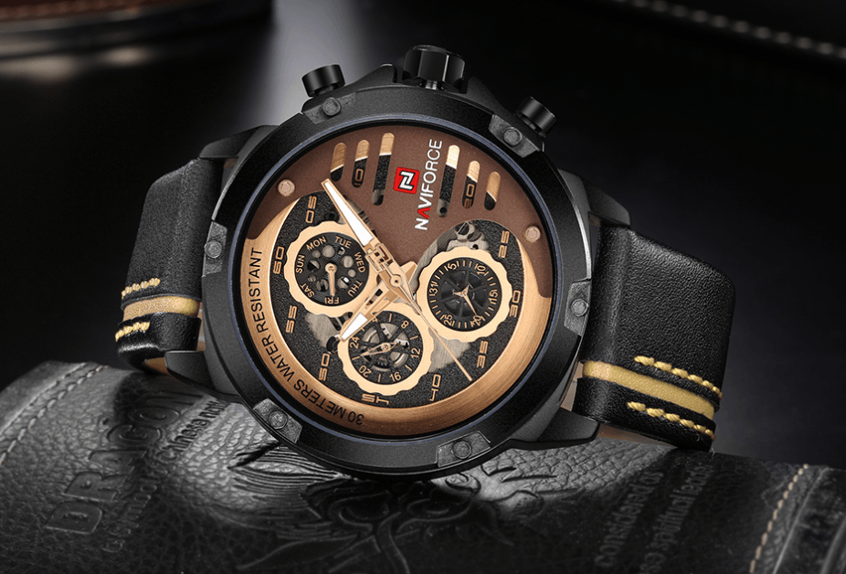 Men's Stevvex ST1N400MMF waterproof chronograph watch with leather strap, bronze dial on Tampa Home & Garden Store