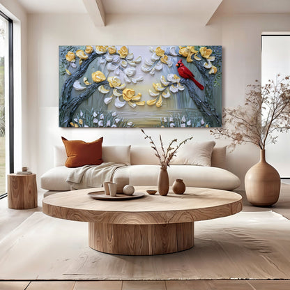 Golden Petals and Scarlet Wings canvas with yellow petals and red cardinal by Tailored Canvases on Tampa Home & Garden Store