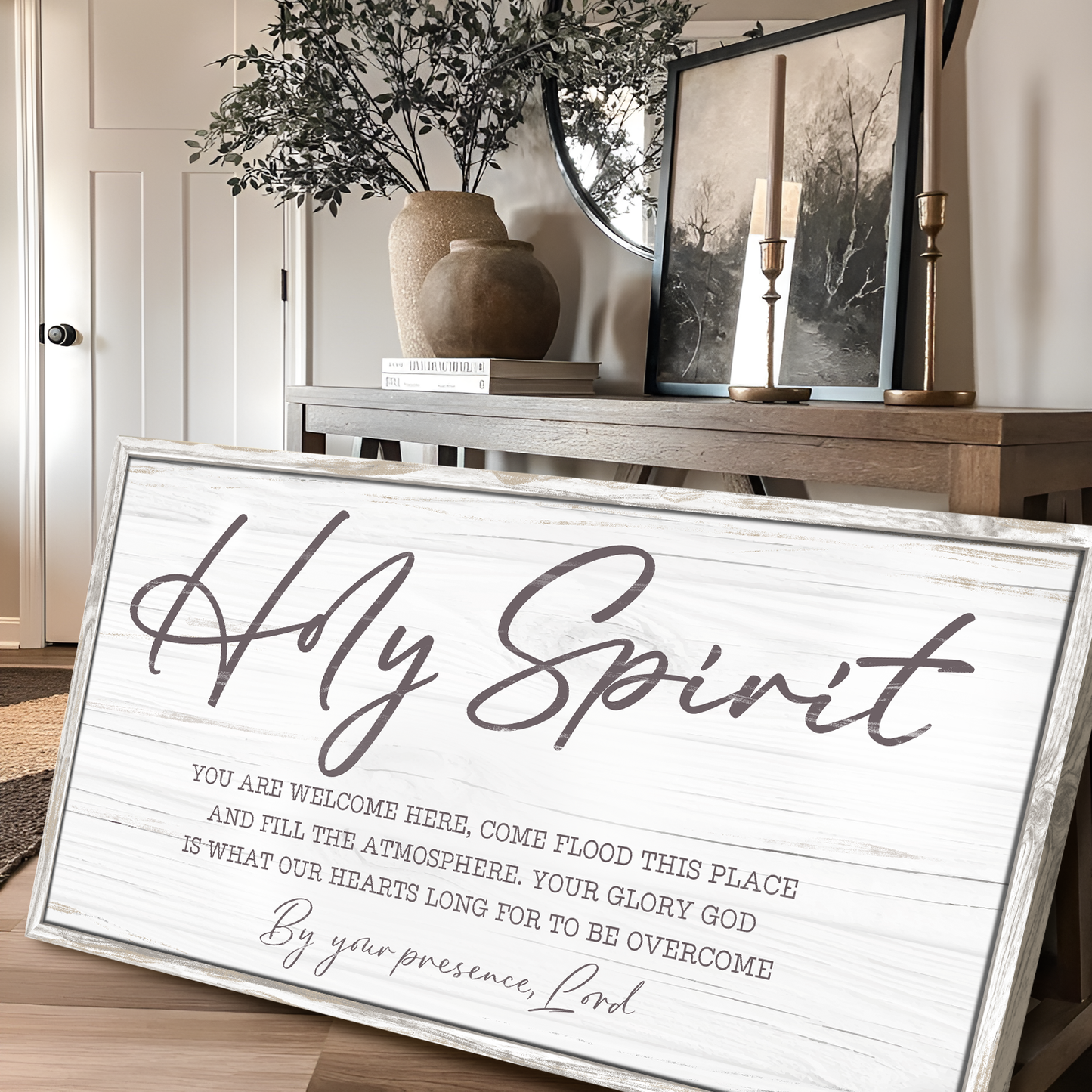 Canvas sign Holy Spirit You Are Welcome Here Faith Sign III with white wood plank gray script on Tampa Home & Garden Store