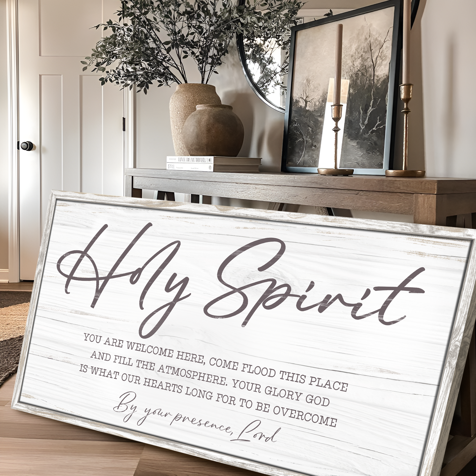 Canvas sign Holy Spirit You Are Welcome Here Faith Sign III with white wood plank gray script on Tampa Home & Garden Store