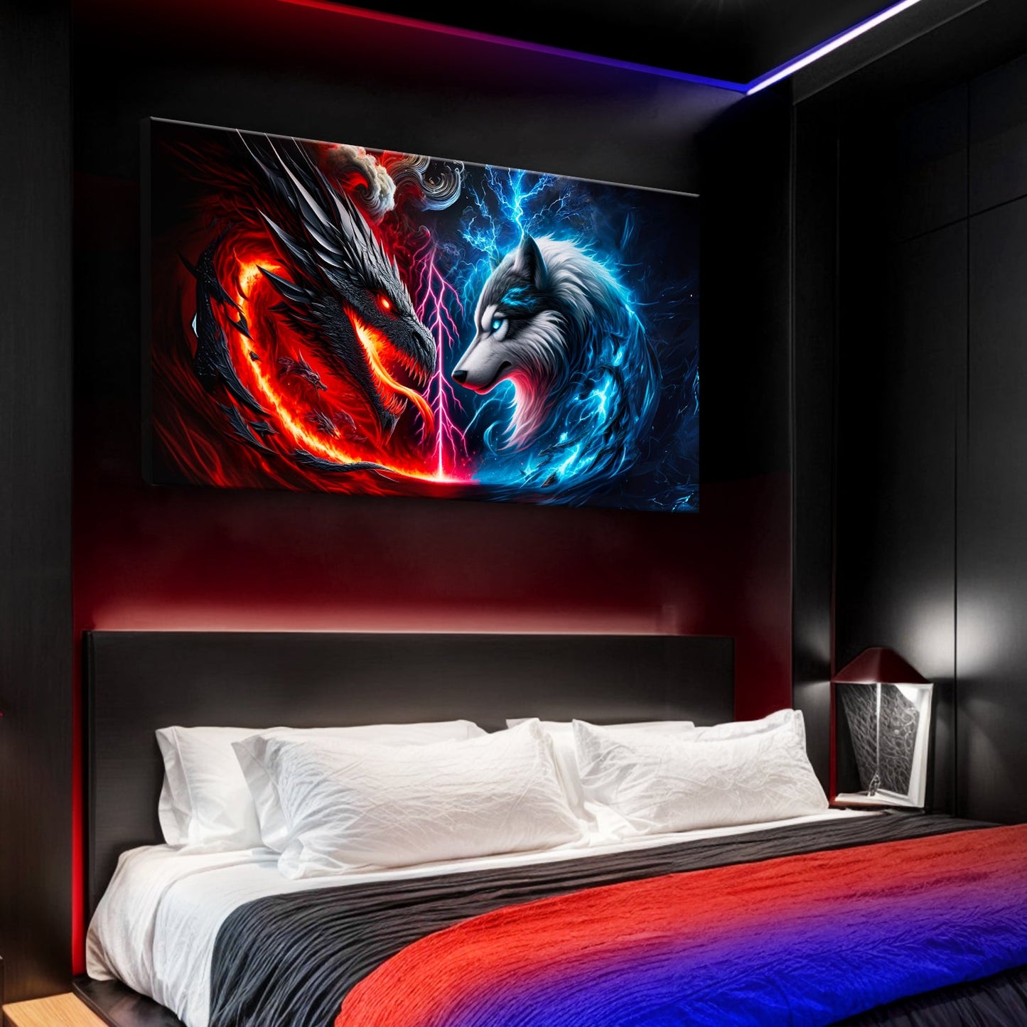 3D Dragon and Wolf Art canvas by Tailored Canvases showing fiery dragon and icy wolf on Tampa Home & Garden Store