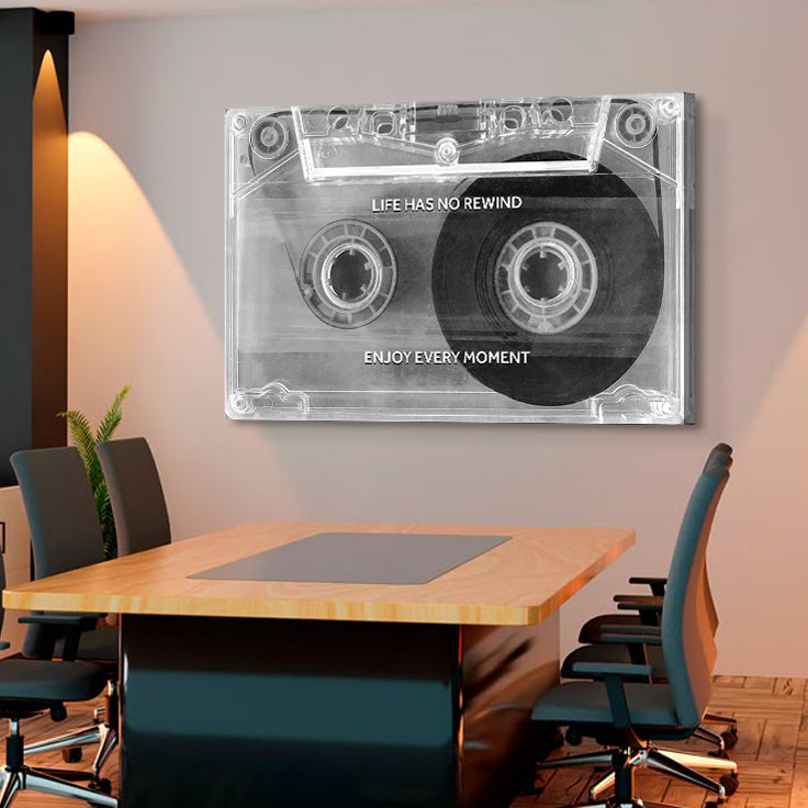 Enjoy Every Moment Motivational Wall Sign Tailored Canvases grayscale cassette tape art on Tampa Home & Garden Store