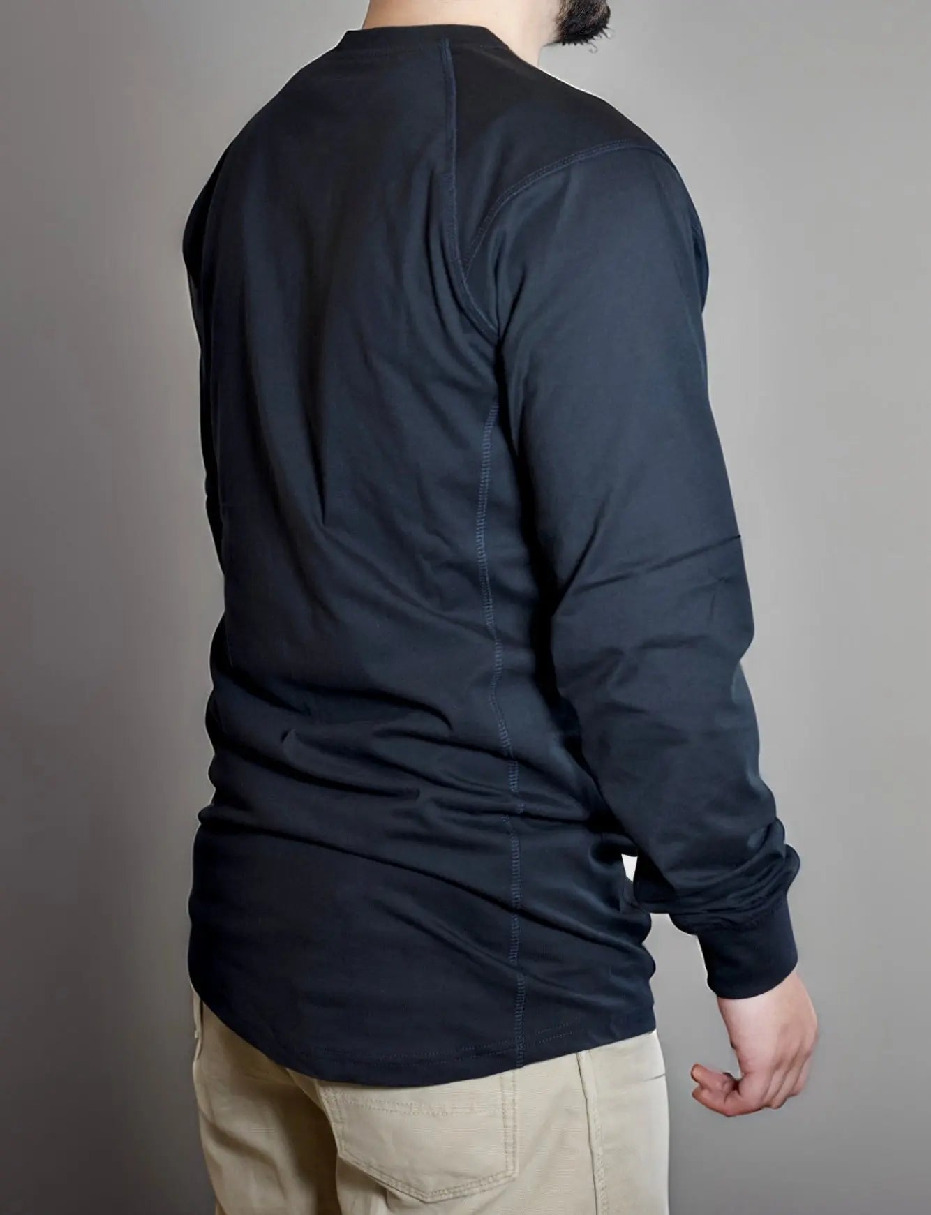 FR 3-Button Henley Shirt - Black by Static FR, black long-sleeve top back view with side seam on Tampa Home & Garden Store