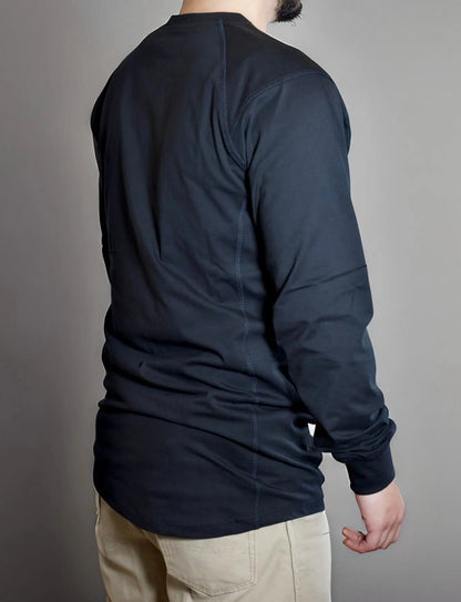 FR 3-Button Henley Shirt - Black by Static FR, black long-sleeve top back view with side seam on Tampa Home & Garden Store