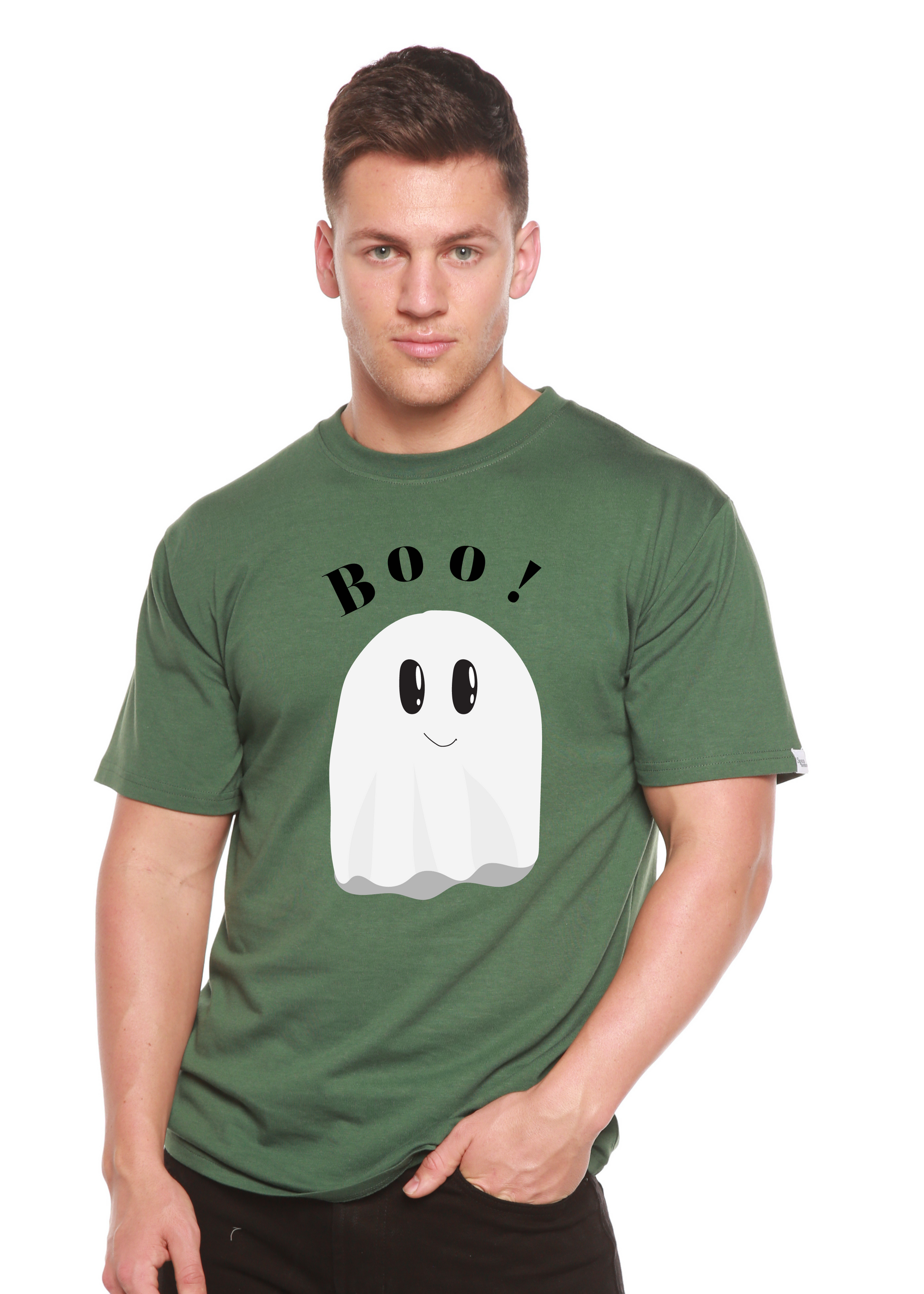 Boo men's Spun Bamboo viscose/organic cotton graphic tee in green with a white ghost on Tampa Home & Garden Store