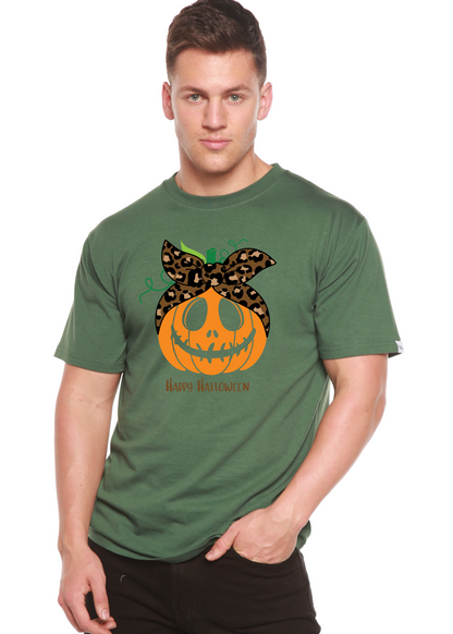 Happy Halloween men's bamboo viscose/organic cotton tee in green with pumpkin and leopard bow on Tampa Home & Garden Store