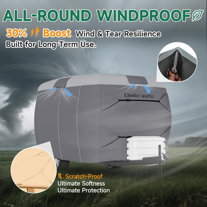 Umbrauto 7-layer fiberglass travel trailer cover gray windproof top with logo on RV on Tampa Home & Garden Store