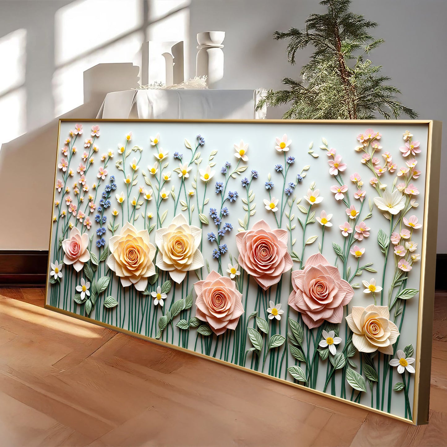 Garden Rhapsody Wall Art canvas with pastel 3D flowers in a gold frame Tailored Canvases on Tampa Home & Garden Store