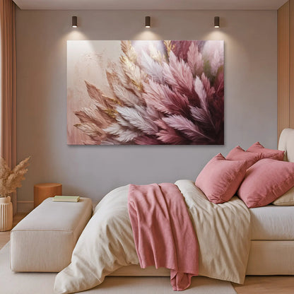 Feather Symphony Wall Art canvas with pink lavender feathers and gold accents Tailored Canvases on Tampa Home & Garden Store