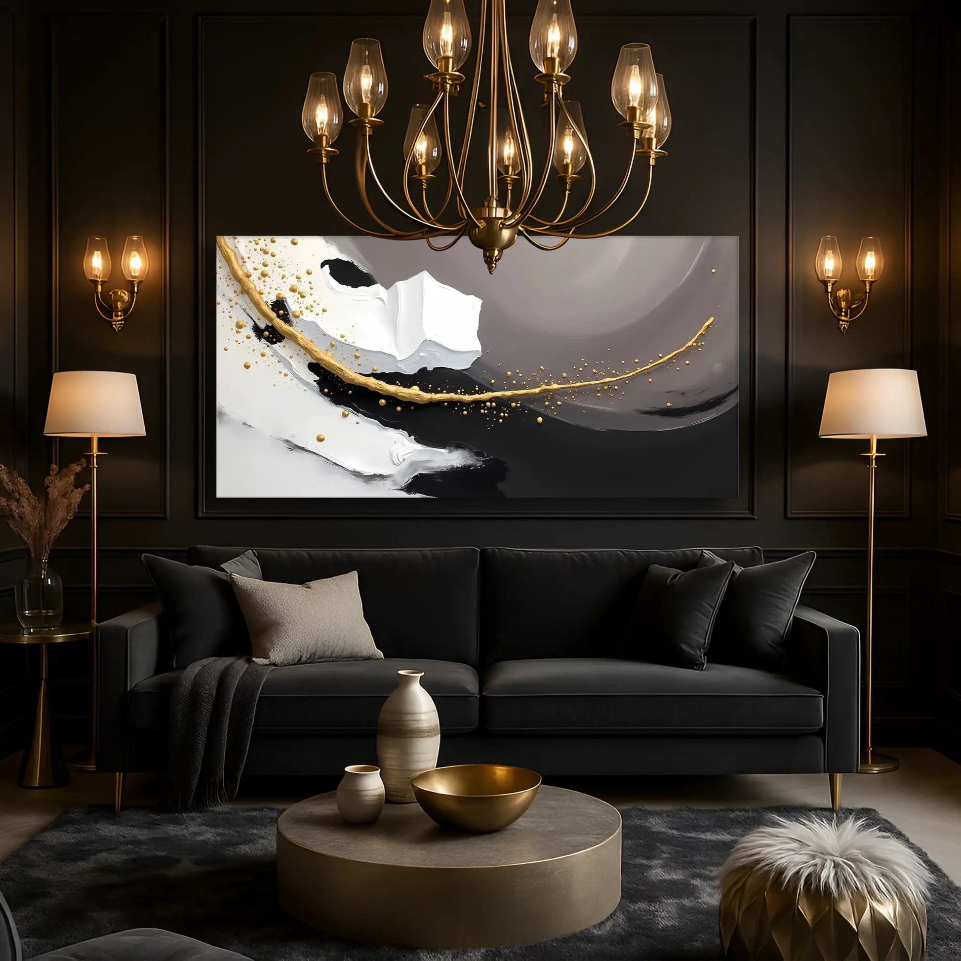 Wave Abstract Wall Art canvas by Tailored Canvases in black white gold tones on Tampa Home & Garden Store