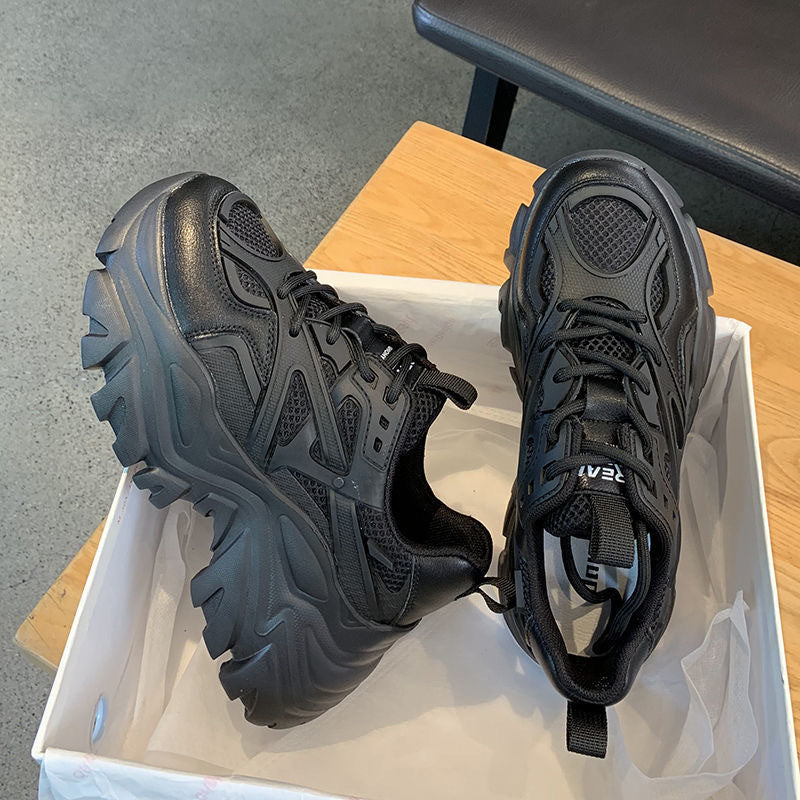 Stevvex chunky platform sneakers black with thick sole and breathable mesh panels, pair in box on Tampa Home & Garden Store