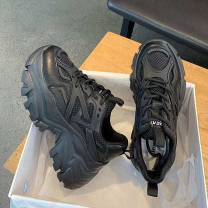 Stevvex chunky platform sneakers black with thick sole and breathable mesh panels, pair in box on Tampa Home & Garden Store