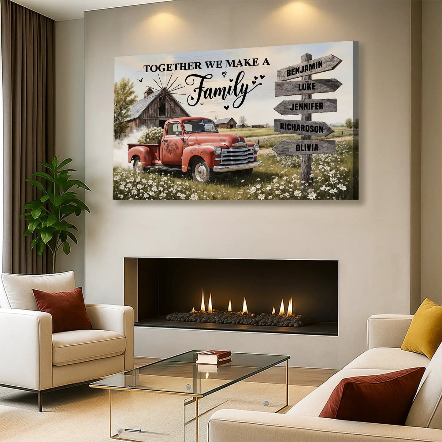 Personalized Family Farmhouse Old Truck Wall Art canvas with red vintage truck in a field on Tampa Home & Garden Store