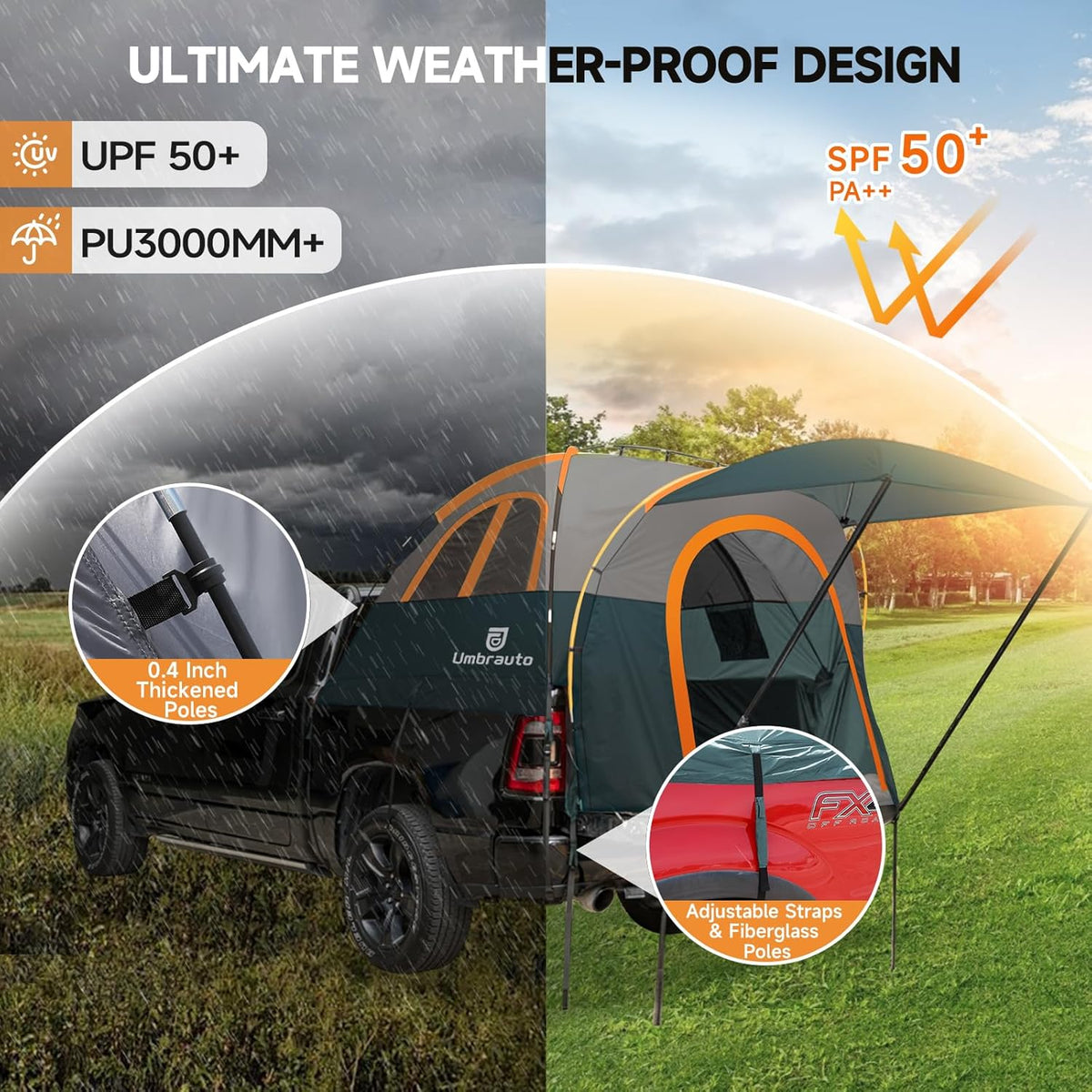 Umbrauto Truck Bed Tent with Awning for 5.5–5.8 ft beds, PU3000mm waterproof on Tampa Home & Garden Store