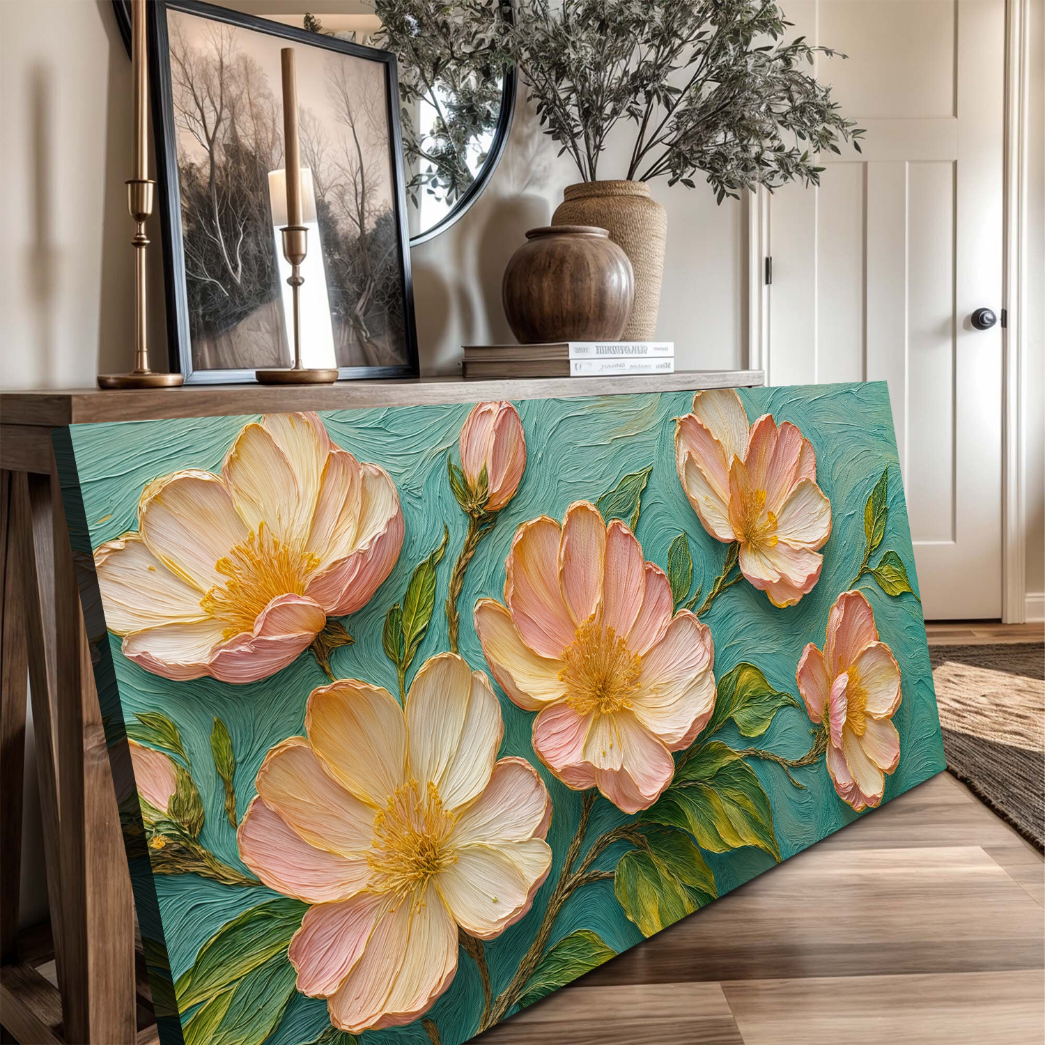Blossoms Serenade canvas wall art peach-pink flowers on teal textured impasto backdrop on Tampa Home & Garden Store