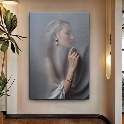 Behind Curtain Wall Art canvas by Tailored Canvases, grayscale portrait of a woman behind sheer curtain on Tampa Home & Garden Store