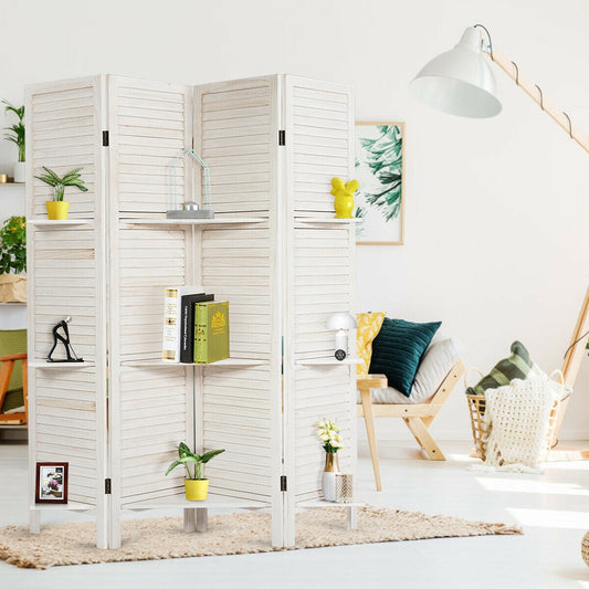 4 Panel Folding Room Divider Screen with 3 Display Shelves-White - Tampa Home & Garden Store