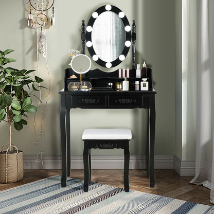 Tocador de Maquillaje con Espejo Iluminado con Interruptor Táctil y Taburete Acolchado-Negro