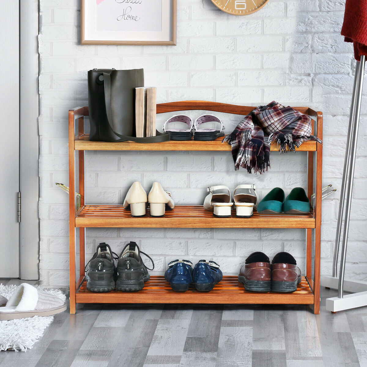 2-Tier acacia wood shoe rack with 4 side metal hooks by DirectDeals on Tampa Home & Garden Store