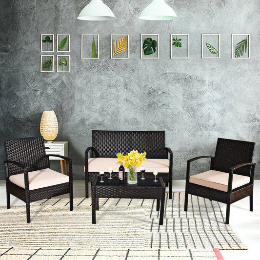 4 Pieces Patio Rattan Conversation Set with Loveseat Sofas and Coffee Table - Tampa Home & Garden Store