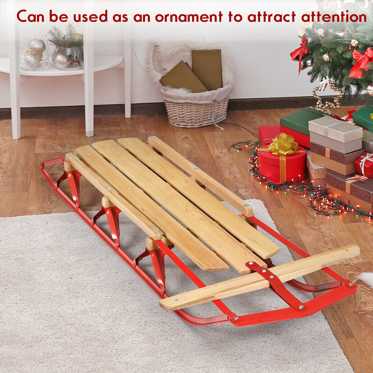 54 Inch wood snow sled with steering bar and metal runners DirectDeals snow racer in a room on Tampa Home & Garden Store