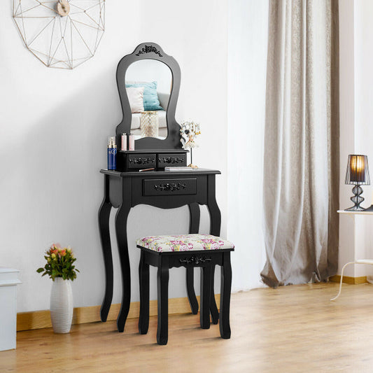 Tocador de Maquillaje y Banco con 3 Cajones y Taburete Acolchado para Niñas-Negro