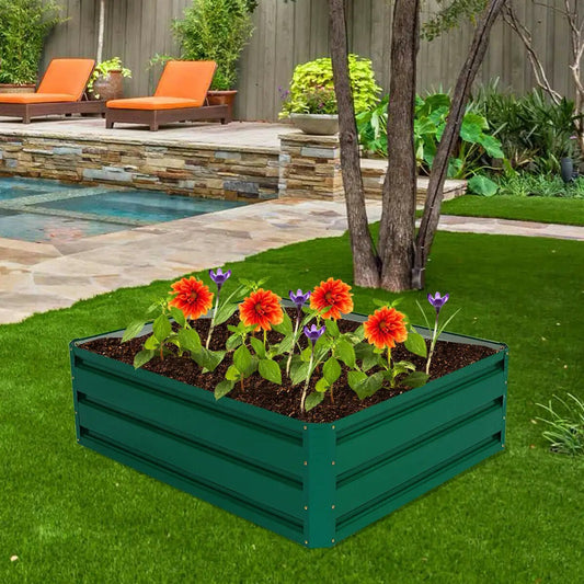 Raised Garden Bed 40x32 Inch Steel Planter Box green with blooming flowers in backyard on Tampa Home & Garden Store