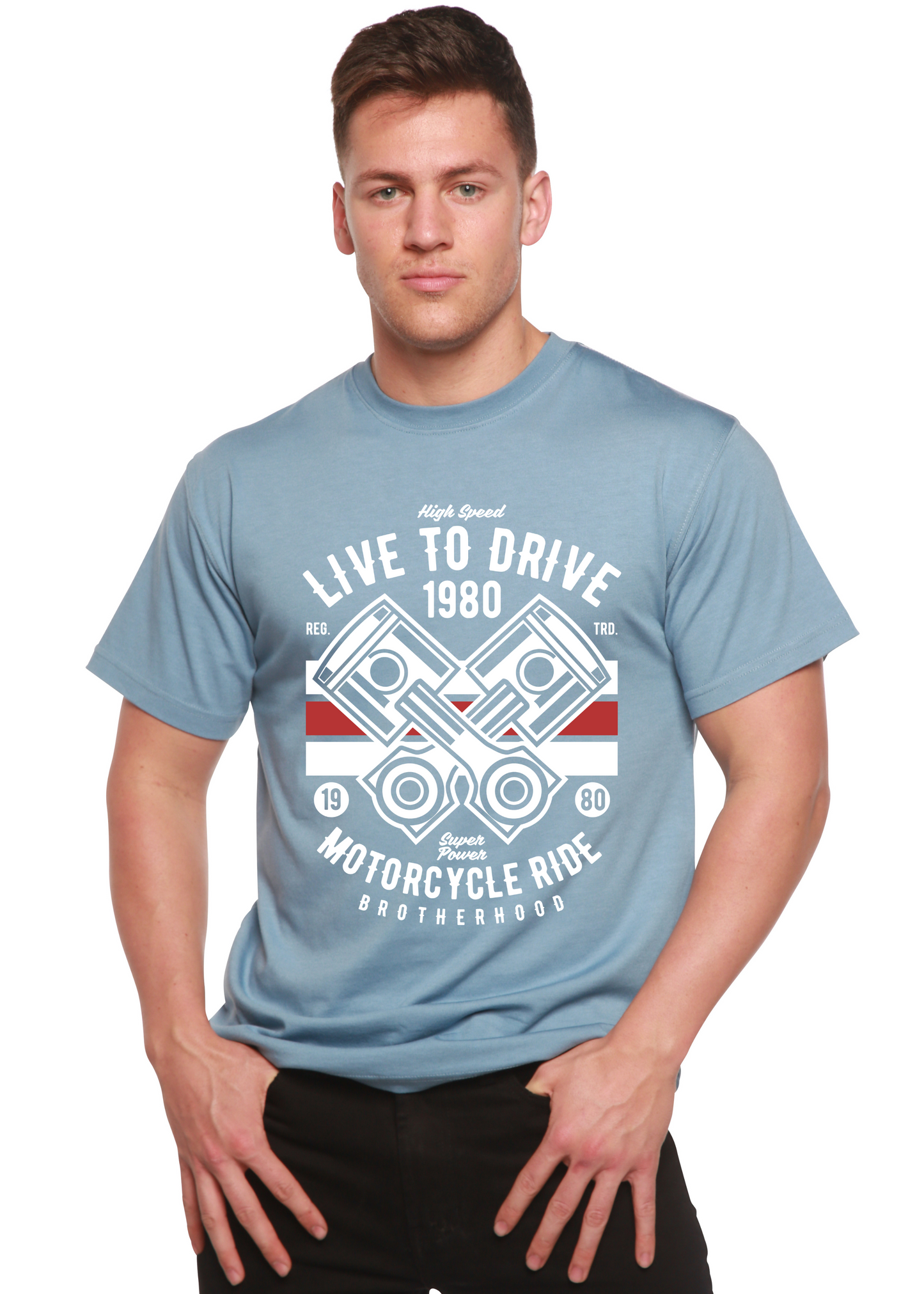 Live To Ride 1980 men's bamboo viscose/organic cotton tee in blue with white print Spun Bamboo on Tampa Home & Garden Store