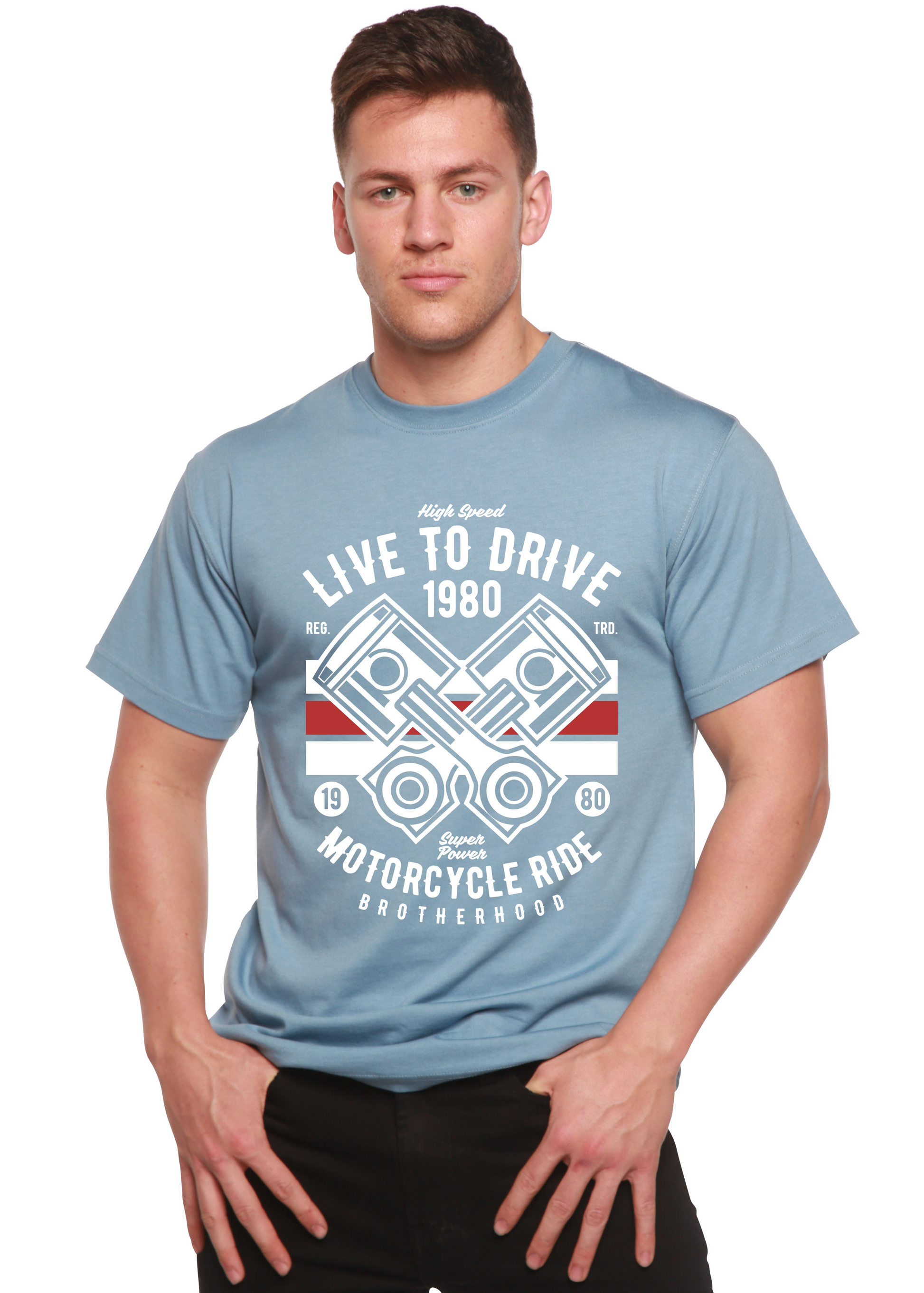 Live To Ride 1980 men's bamboo viscose/organic cotton tee in blue with white print Spun Bamboo on Tampa Home & Garden Store