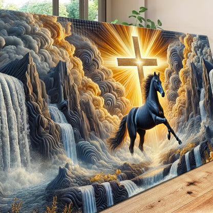 3D Horse Faith Wall Art III canvas Tailored Canvases with gold cross & blue horses amid clouds on Tampa Home & Garden Store