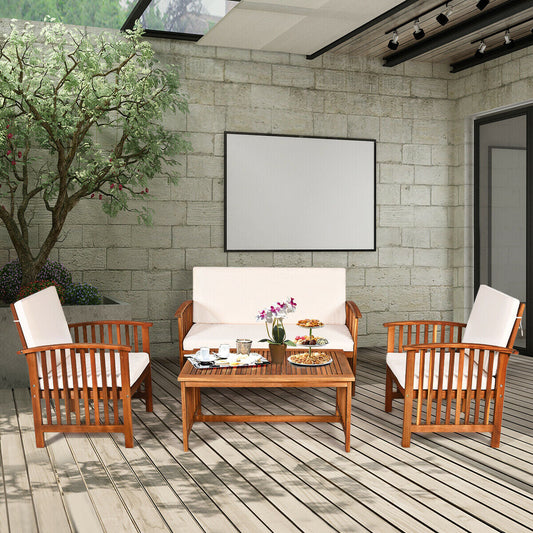 4 Pieces Patio Solid Wood Furniture Set-Beige - Tampa Home & Garden Store