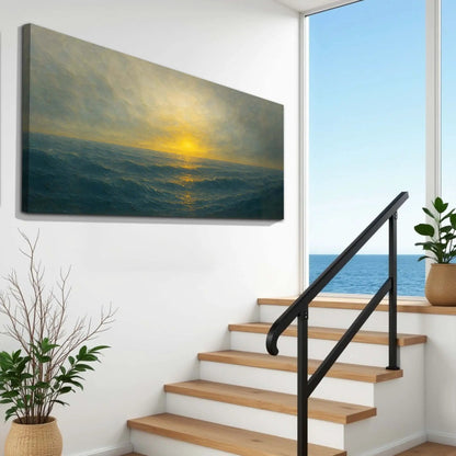 Waterscape Abstract Wall Art IV canvas showing golden sunset over teal ocean with waves on Tampa Home & Garden Store