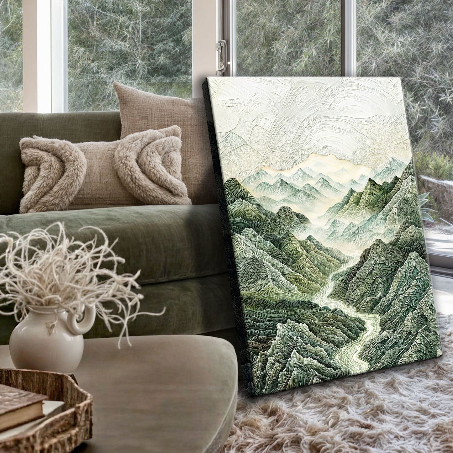 Abstract Mountain and River Landscape Canvas; textured green mountains scene on Tampa Home & Garden Store