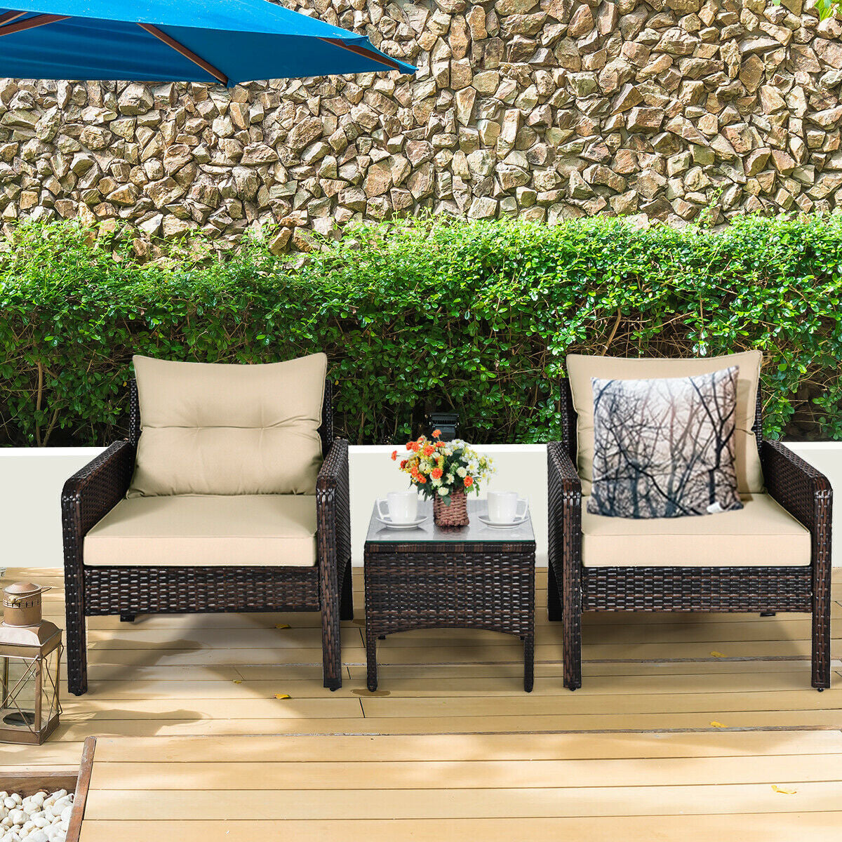 Juego de 3 piezas de conversación para patio exterior de ratán con cojines de asiento - Beige