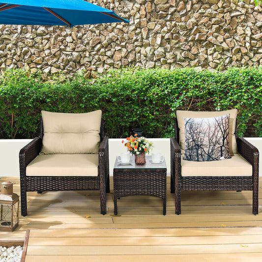 3 Pieces Outdoor Patio Rattan Conversation Set with Seat Cushions-Beige - Tampa Home & Garden Store