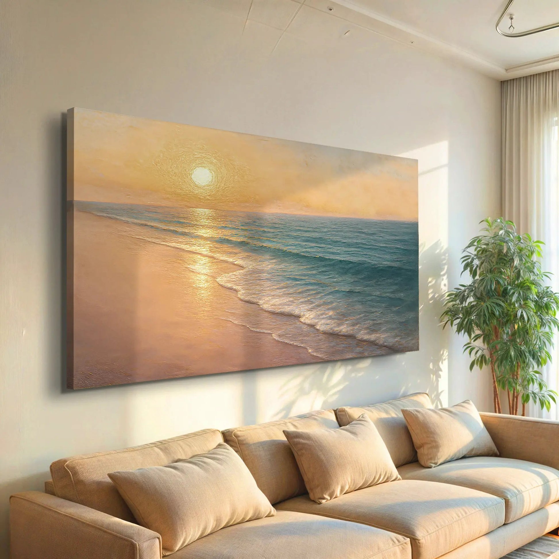 Beach Shoreline Coastal Wall Art IV canvas by Tailored Canvases featuring a warm sunset over the ocean hung above a beige sofa in a bright living room on Tampa Home & Garden Store