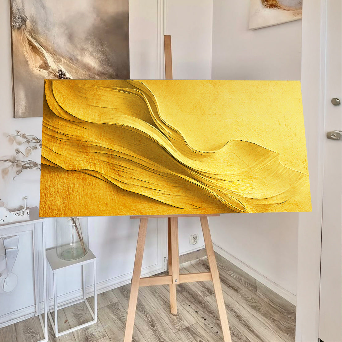Gold Minimalist Wall Art canvas by Tailored Canvases with metallic wave texture on easel on Tampa Home & Garden Store